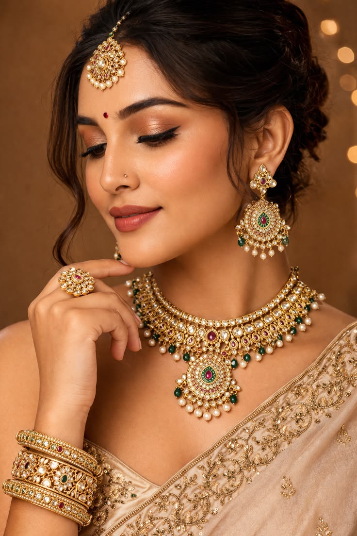 Woman wearing an ornate bridal gold jewellery set