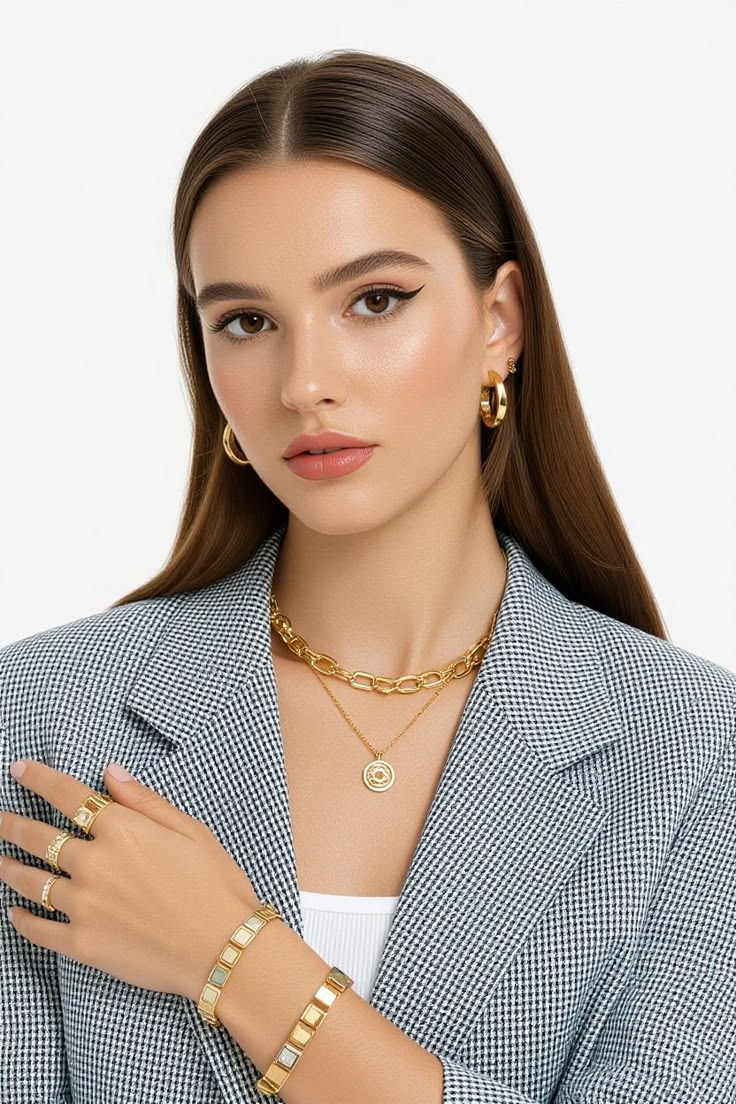 Woman wearing modern gold jewellery